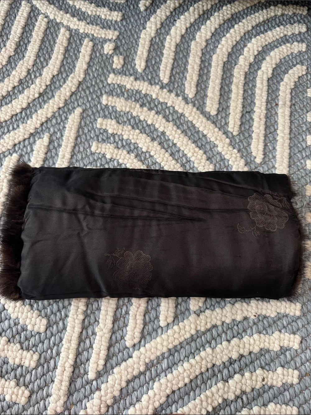 Vintage Real Fur Hand Muff Brown Satin Embroidered Old Hollywood